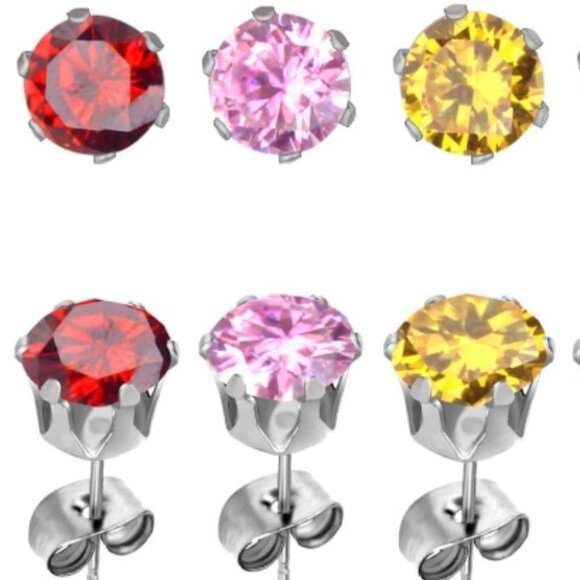 6 Multi Color Stainless Steel Post Hypo Allergenic Faceted Round Cut Crystal NWT - Picture 3 of 6